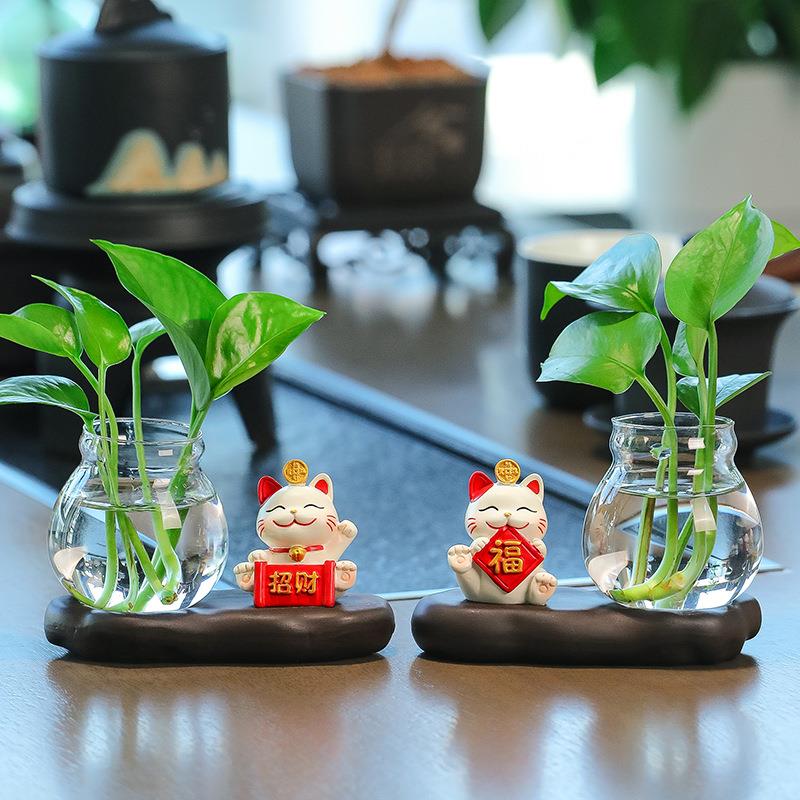 招财装饰品件水培卡通花瓶猫摆设高摆级感爱可手工桌面小摆件新款