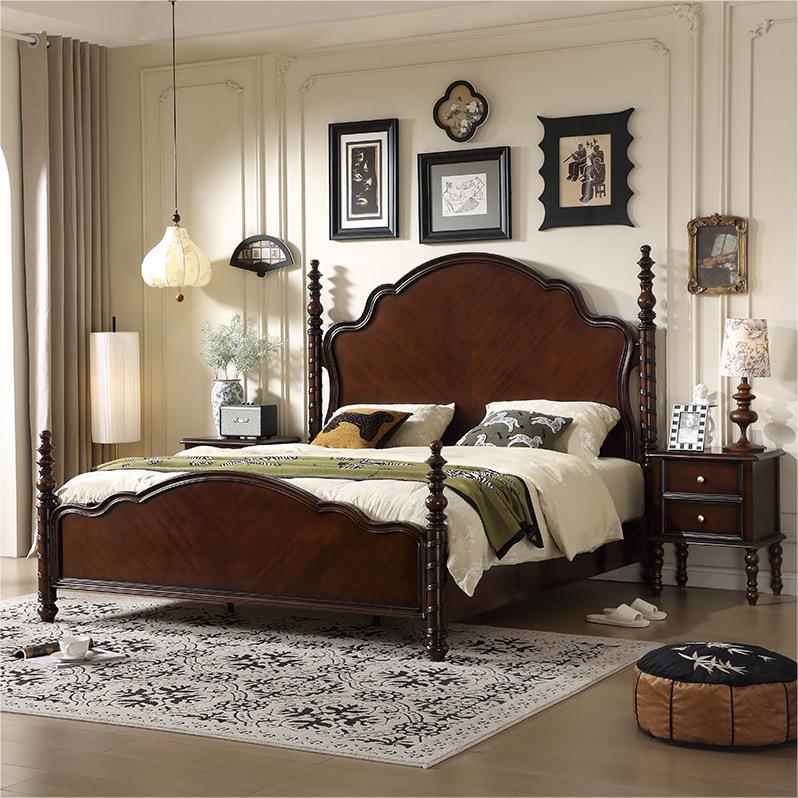 法式现复JWM中古实木床主卧家用古风1米8轻代奢双人大床卧室家具