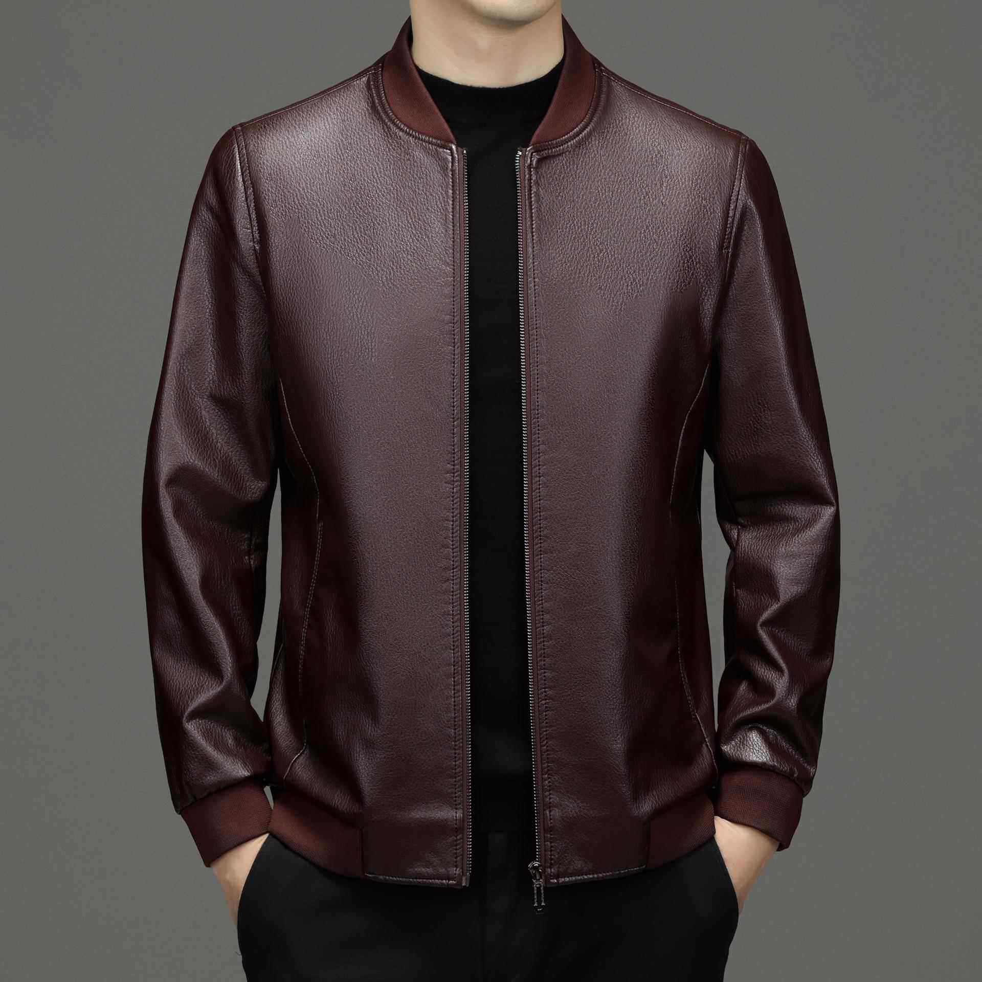 春皮秋季衣夹克外套修身机车服中年休闲棒3322-BB球茄领男克爸皮