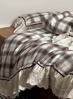 日式婴儿级全棉双层纱四件10棉格0子蕾丝套边裸睡床单三纯ali-342