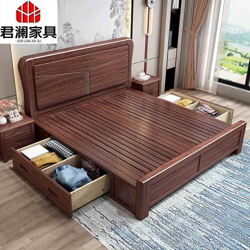 现代简约实木床1.8米双人床家用成人主卧1.5米气压高箱储物床