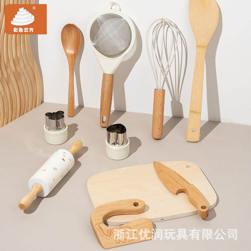 跨境厨房过家家玩具木质切切乐套装3-6岁儿童竹子刀砧板餐厨玩具