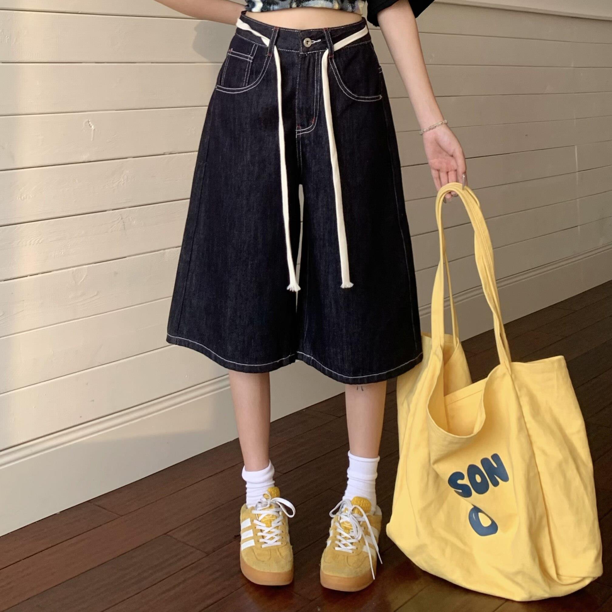 3MER哦哦三妹美式复古原色七分牛仔裤女夏宽松显瘦百搭阔腿短裤子