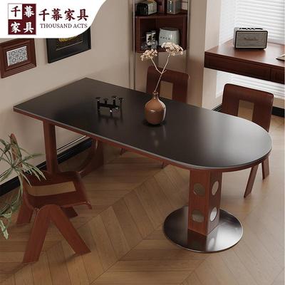 千慕中古岩板实木餐桌椅组合家用户型客复古KQ250220半圆形风小饭