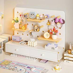 桌面洞洞板置物架实木书桌学习桌上收纳书架一体带抽屉立式展示架