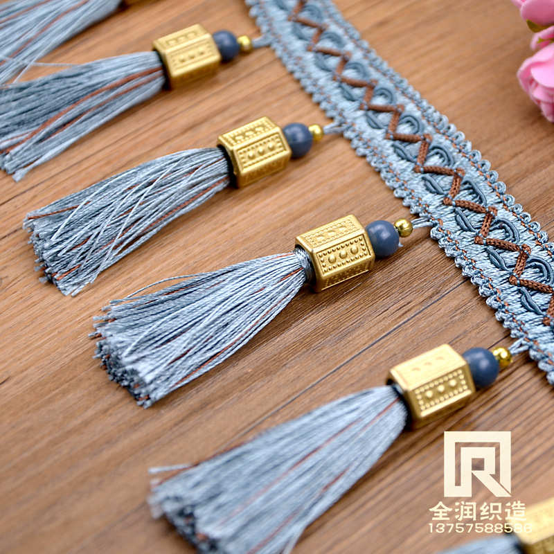 柯桥 厂家货源窗帘花边   六角珠子金帽吊穗边流苏花边