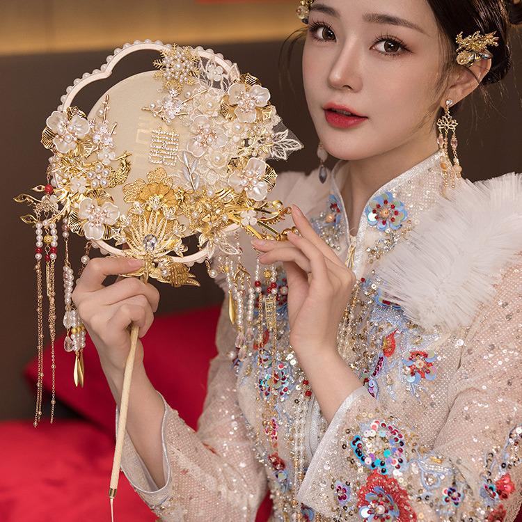 遮面喜结婚团扇中式服成品9151禾新娘秀红色成品双面金色蕾丝扇新