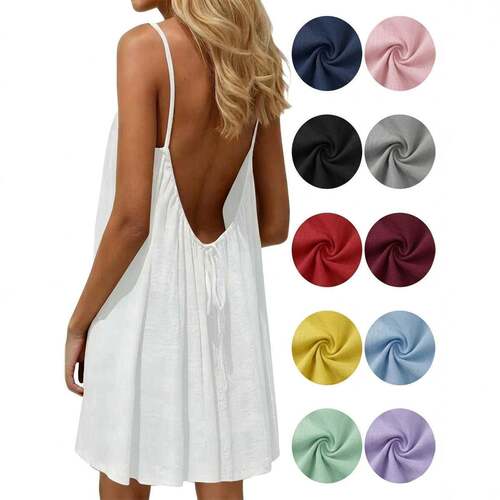 Cute Boho Backless Short Dress Women Solid Color Cami Lounge