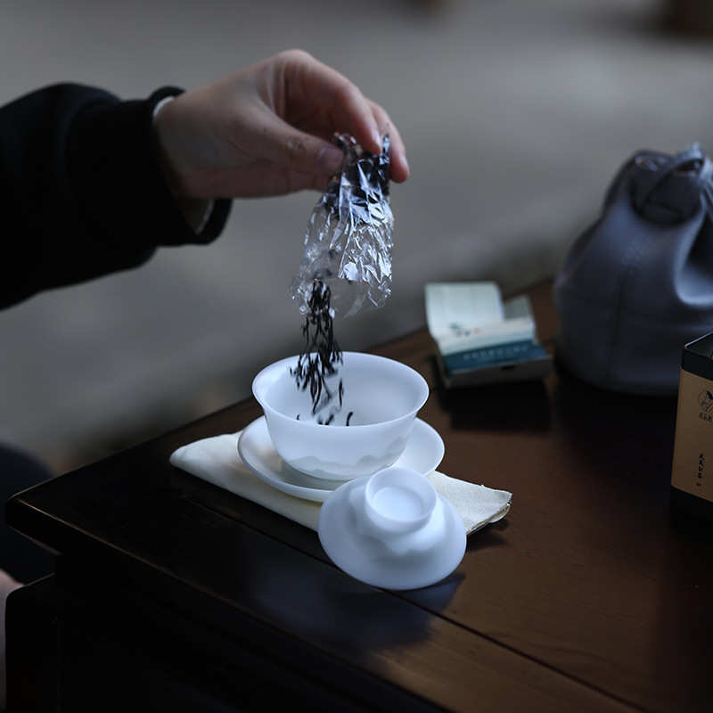 冰种玉瓷水墨山水一人饮快客杯小套组户外便携旅行茶具盖碗套装