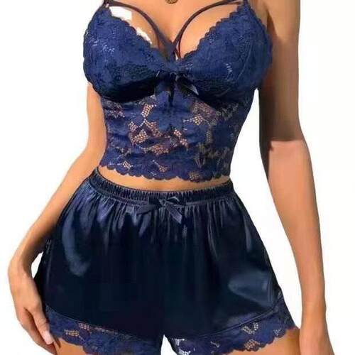 Strap lace vest top+lace shorts pajama set
