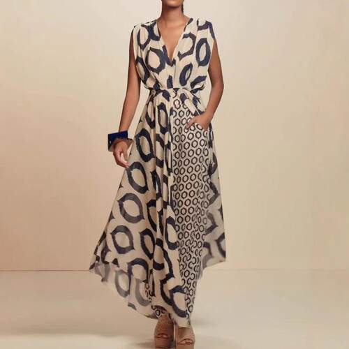 Women's printed sleeveless collar lace up top+pants