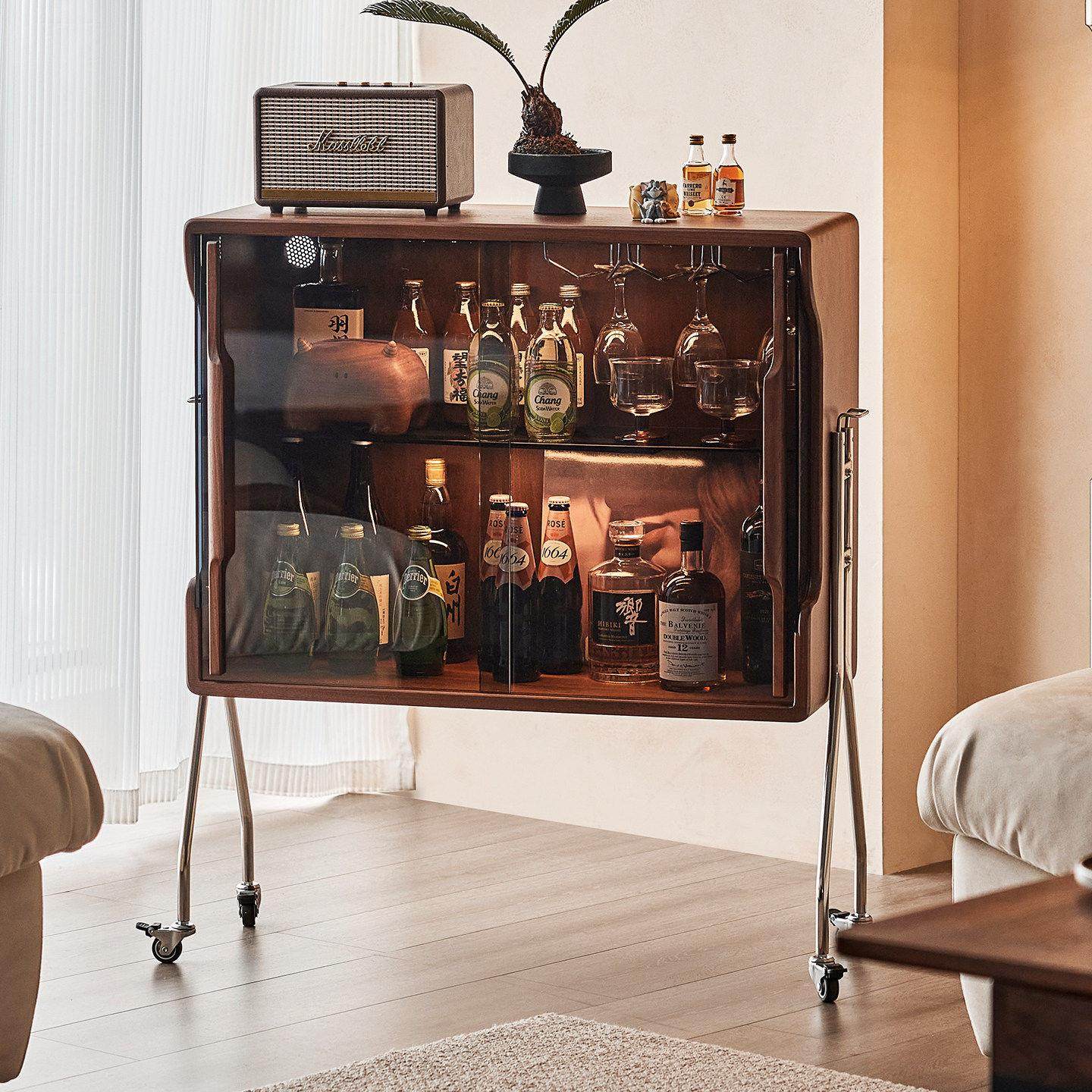 中古实木可移动酒柜北欧风客厅玻璃餐边柜家用靠墙收纳置物茶水柜,住宅家具,酒柜,淘宝优惠券,粉丝福利购,淘宝优惠卷