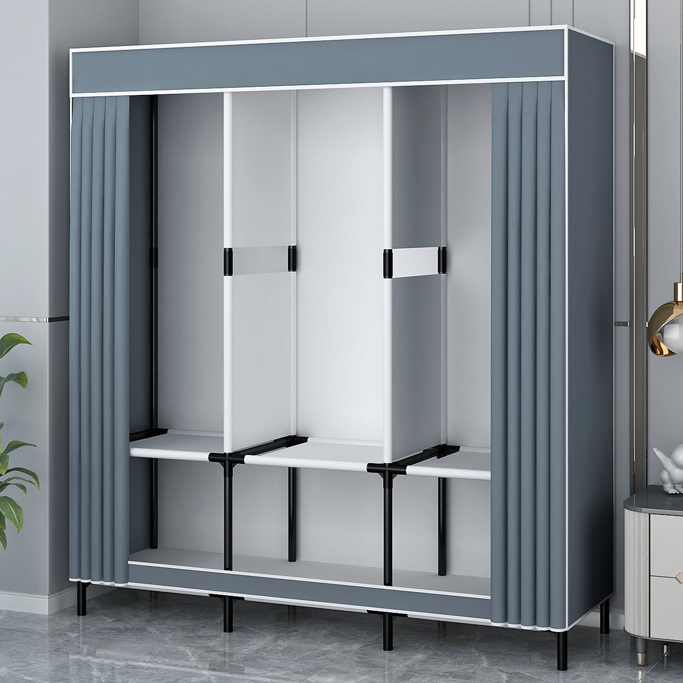 简易衣柜家用卧室全钢架单人宿舍组装布衣柜出租房收纳防尘小衣橱