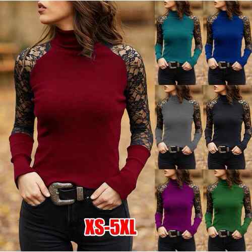 High neck top plus lace patchwork long sleeved