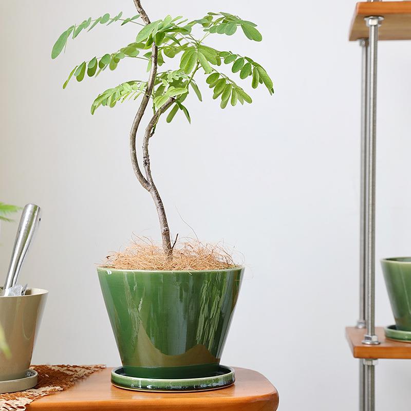 北欧釉面陶瓷花盆日式创意个性绿色盆栽陶盆套盆大号带托盘