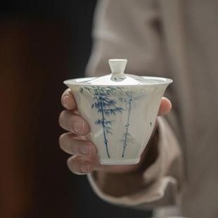 葉嶼玉泥白瓷釉下純手繪青花竹子蓋碗文人功夫泡茶蓋碗素雅風(fēng)碗杯