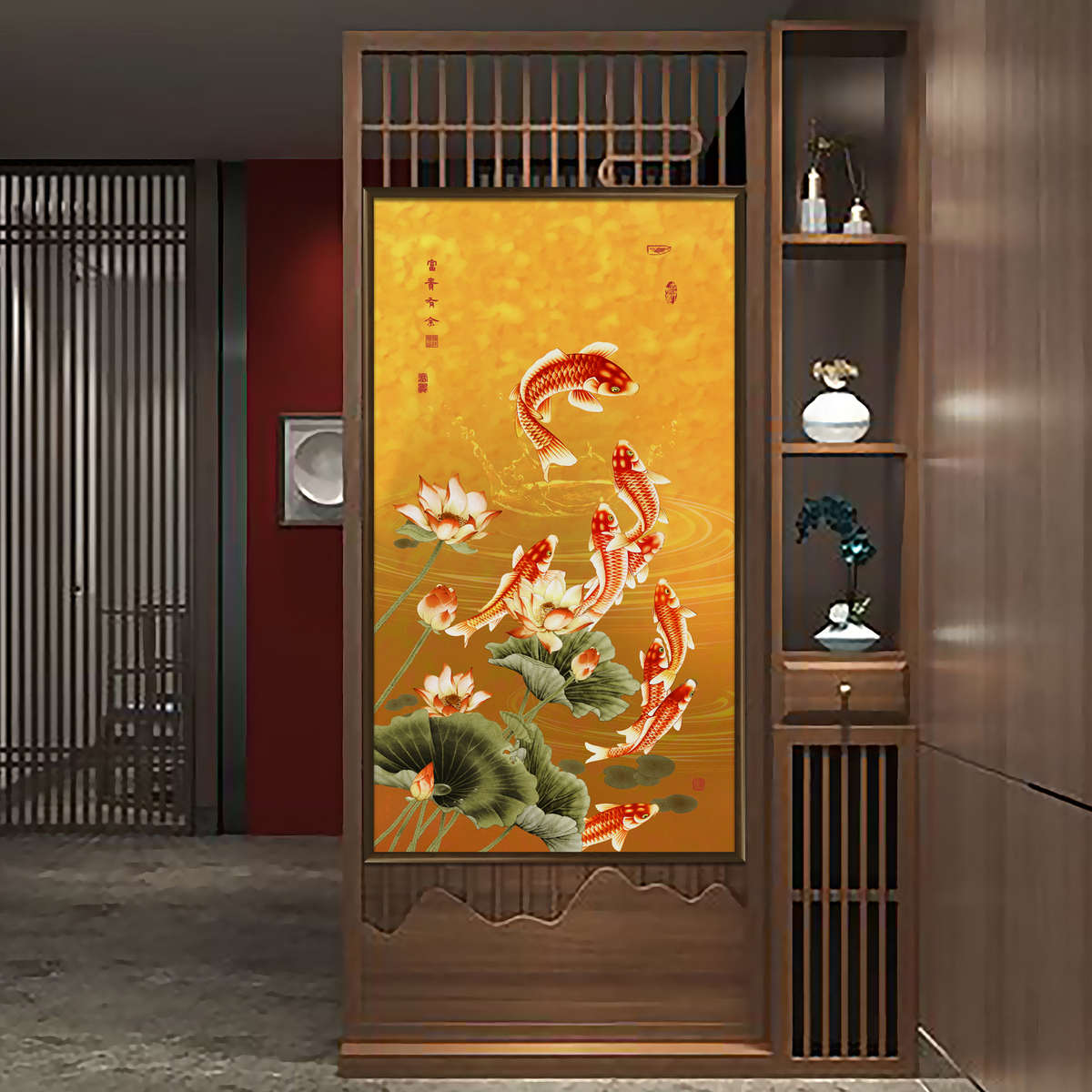 荷花九鱼/铜雕画走廊挂画家庭装饰画新中式挂画手工錾刻画图片