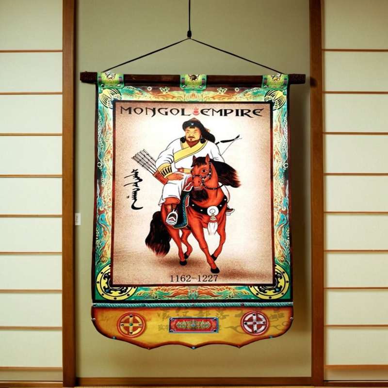 装饰画卷轴民族蒙古皮挂画餐厅蒙古包成吉思汗画手工风特色工艺画图片