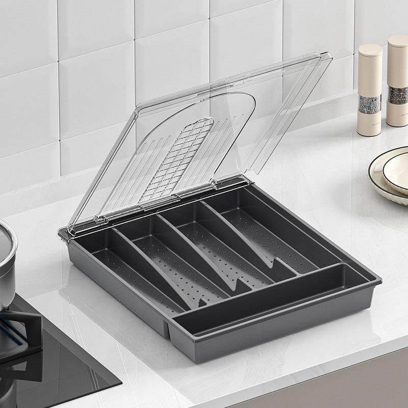 亚马逊带盖餐具收纳盒 抽屉桌台餐具托盘户外防尘餐具收纳盒子