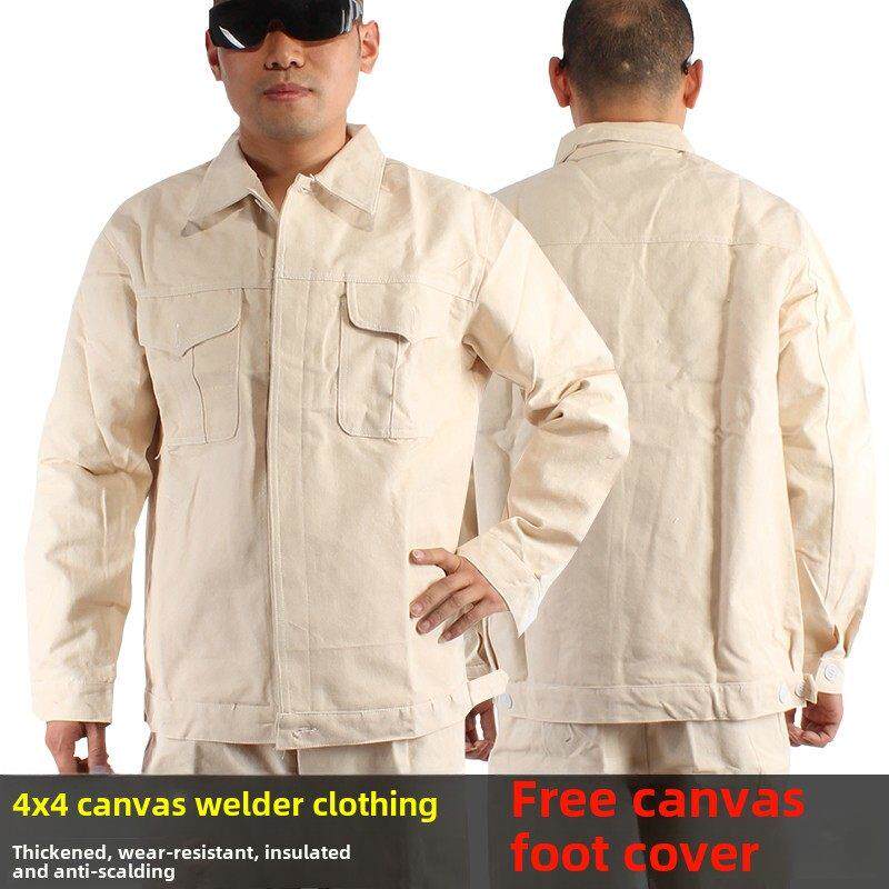 焊接工作服套装男式加厚白帆布多瓣口袋裤棉质焊工服耐磨、防烫、