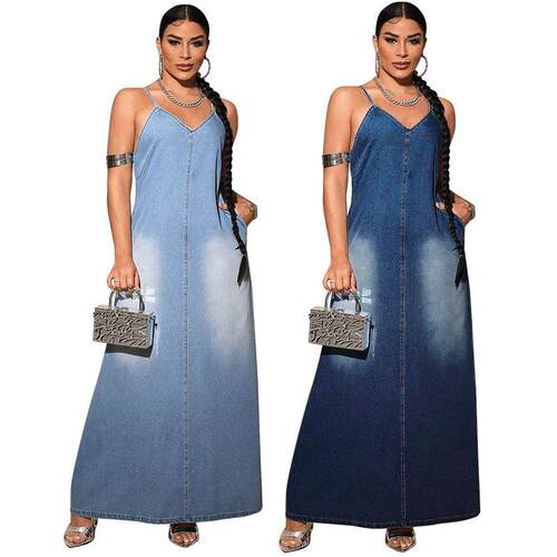 Plus Size Womens Casual Denim Dress Sleeveless Spaghetti