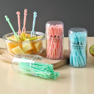 Bucket of disposable fruit forks, cartoon refill, plastic fr