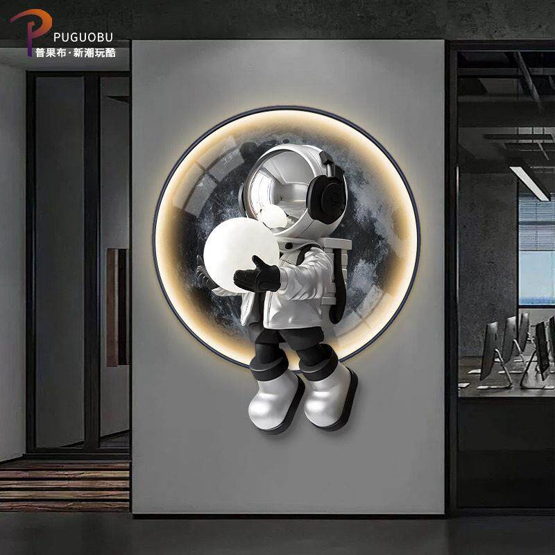现代玄关装饰画发光灯正对门壁画立体月球太空人叠加画儿童房挂画