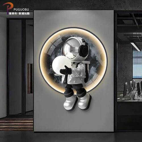 现代玄关装饰画发光灯正对门壁画立体月球太空人叠加画儿童房挂画