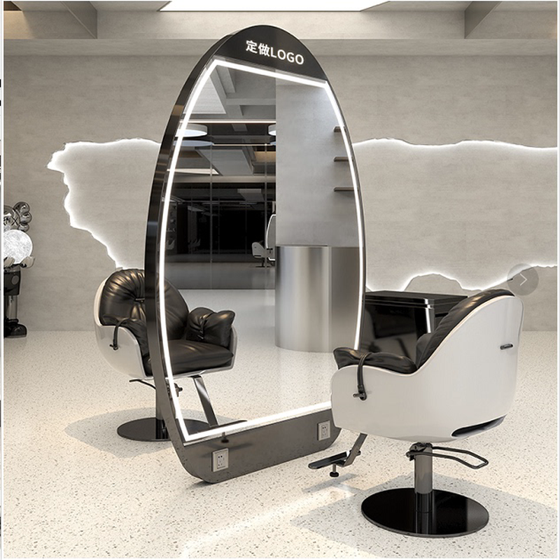 新款理发店镜台发廊专用单双面落地镜美发店镜子带灯不锈钢剪发镜