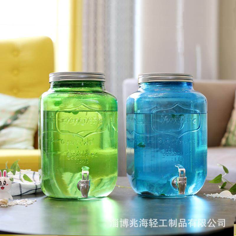 8升蓝绿色带龙头玻璃网红可乐桶冷水壶果汁罐泡酒啤酒自助饮料桶