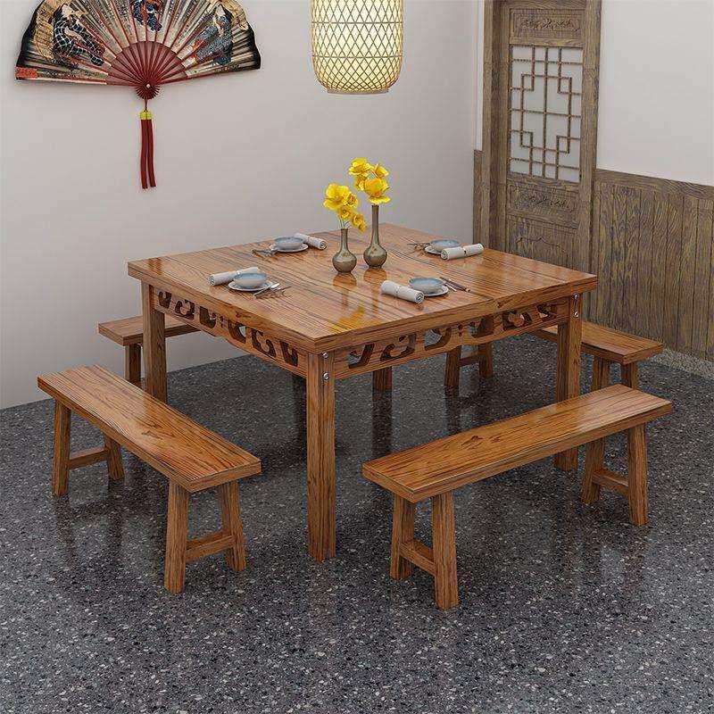 饭店专用炭化实木桌凳组合早餐店火锅店小吃店雕花耐用实木餐桌