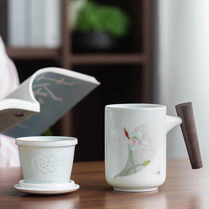 茶杯自带过滤茶水分离陶瓷杯办公家用实木手柄 泡茶杯马克杯商务
