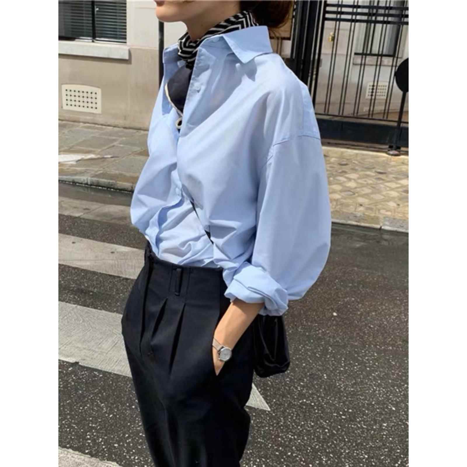 女士衬衫冷淡风上衣宽松基础款衬衣女蓝色衬衫女设计感小众女潮