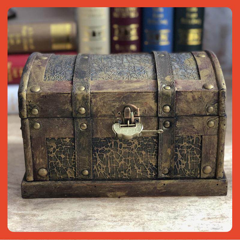 ∈仿古海盗箱黄金色藏宝箱配锁古典木箱子复古收纳盒老式木头