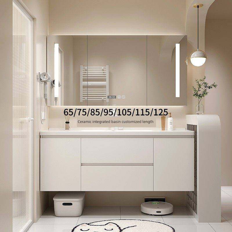 定制陶瓷一体盆浴室柜65/75/85/95/105/115CM奶油风卫生间洗漱台,家装主材,浴室柜组合,淘宝优惠券,粉丝福利购,淘宝优惠卷