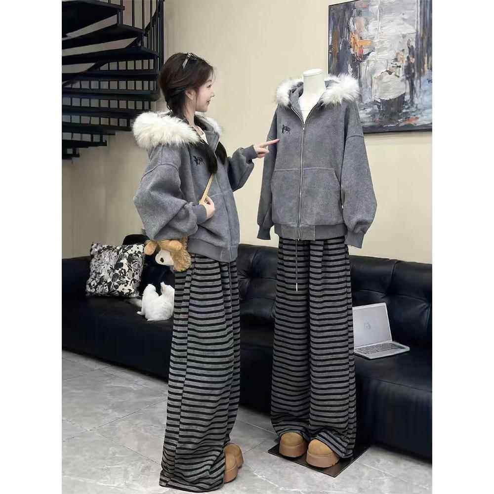 灰色条纹阔腿裤女秋冬宽松bf慵懒风直筒裤加绒加厚高腰休闲糯米裤,女装/女士精品,休闲裤,淘宝优惠券,粉丝福利购,淘宝优惠卷