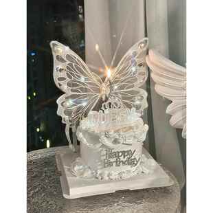 网红女神生日蛋糕装饰唯美刺绣带灯大蝴蝶摆件发光灯串女王装扮