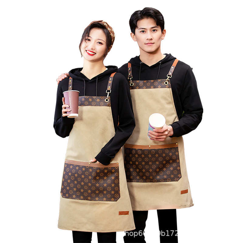 拼接帆布围裙定制 咖啡师厨房餐厅理发工作围裙批发印制logo