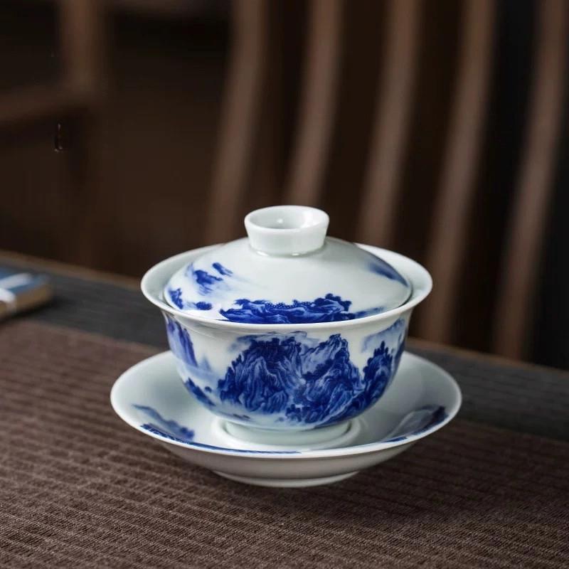 高白瓷盖碗茶杯青花瓷手工山水三才杯子景德镇陶瓷敬茶碗功夫茶具
