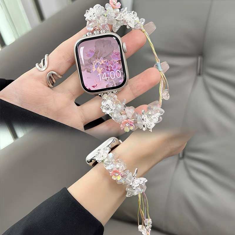 适用苹果手表iWatch9表带新中式透明莲花蝴蝶伸缩链条applewatch8