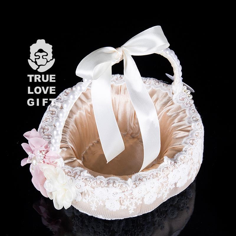版粉色婚庆布艺首饰韩盒婚礼花童撒花婚庆花篮花子纳瓣收篮厂-源