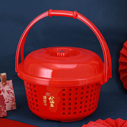 家用手提篮拜神篮子塑料圆形双层加厚水果篮红色喜庆结婚喜事篮子