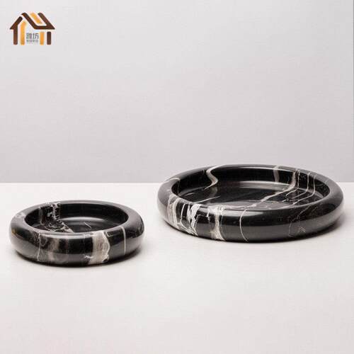 现代大理石圆形水果盘摆件样板间客厅茶几黄洞石褶皱托 托盘家居
