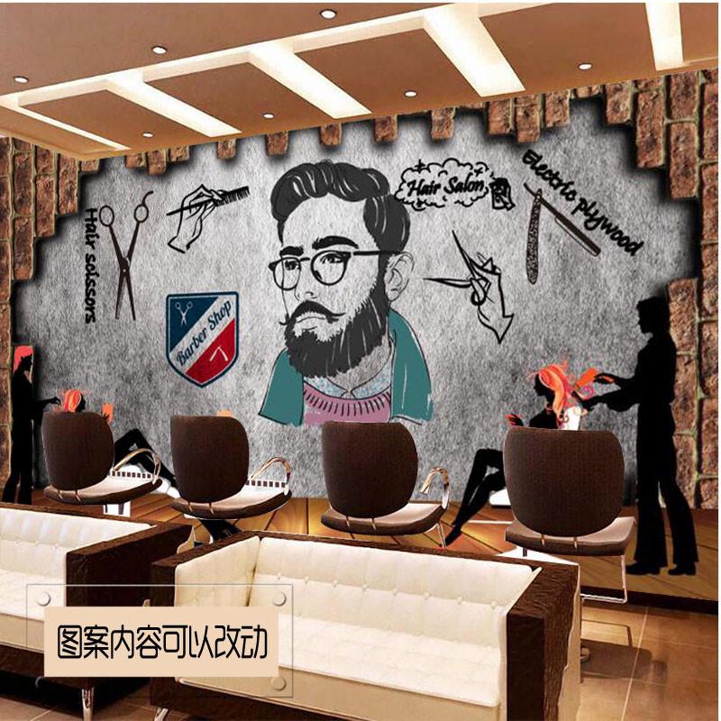 理发店壁纸3d立体复古发廊吧台壁画时尚简约美发店装饰背景墙墙纸图片