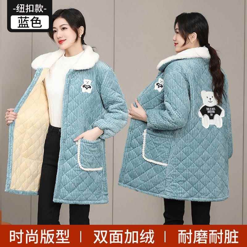 保暖冬季加棉罩衣外套女外穿加绒加厚保暖厨房长棉衣裙外穿工作服