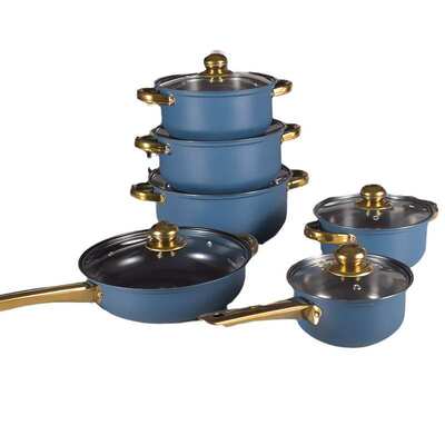 cookware set pots12件套彩色不锈钢套锅不粘锅镀金锅具套组