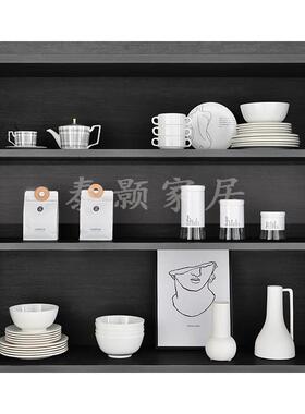 简约现代展厅样板间厨房橱柜碗碟套装咖啡杯碟储物罐软装饰品摆件