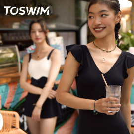 TOSWIM连体泳衣女夏游泳衣防晒遮肚显瘦时尚荷叶边纯欲风海边度假