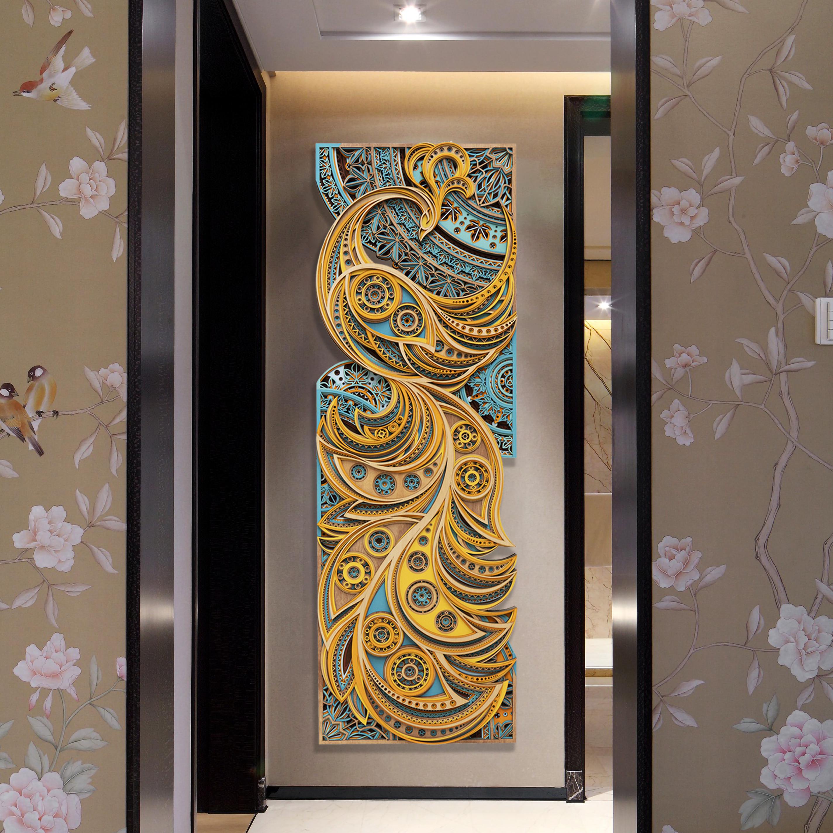 梯木叠雕凤栖梧桐立体玄关客厅装饰画轻奢高级感餐厅挂画新款壁画
