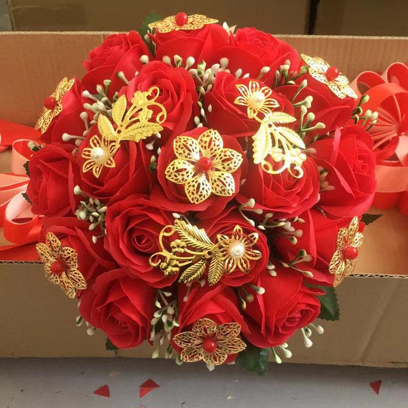 手捧花新娘结婚仿真手工绒布百合红玫瑰韩式森系永生丝带婚礼花束